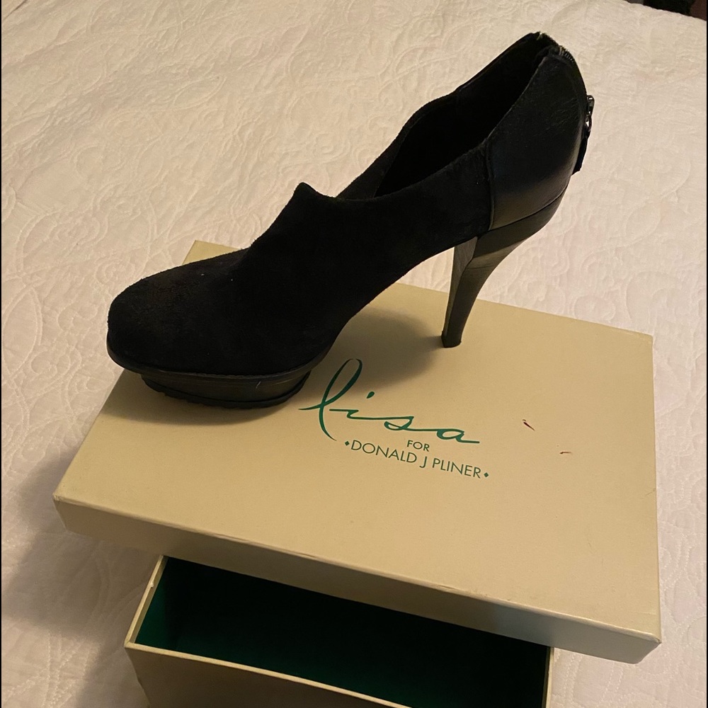 Black suede platform heels